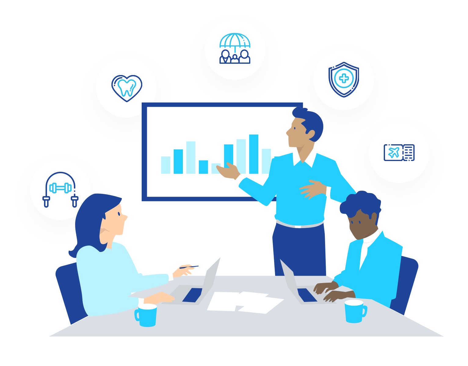 Illustration of a man presenting analytics data on a large digital screen to a group of colleagues in a modern office