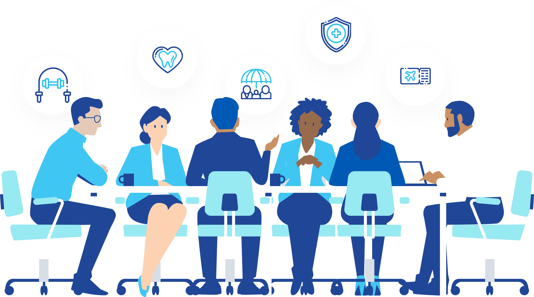 An illustration of a group of people sitting around a table, actively discussing different types of insurance