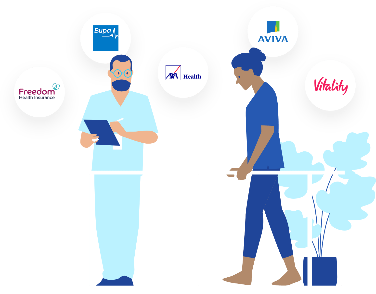illustration of a woman on a physiotherapy session working with a therapist to improve her mobility