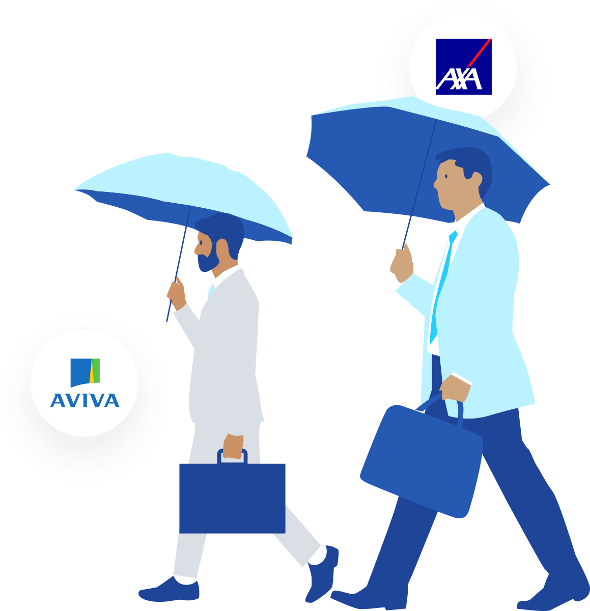 Two businessmen walking in the rain, both holding umbrellas